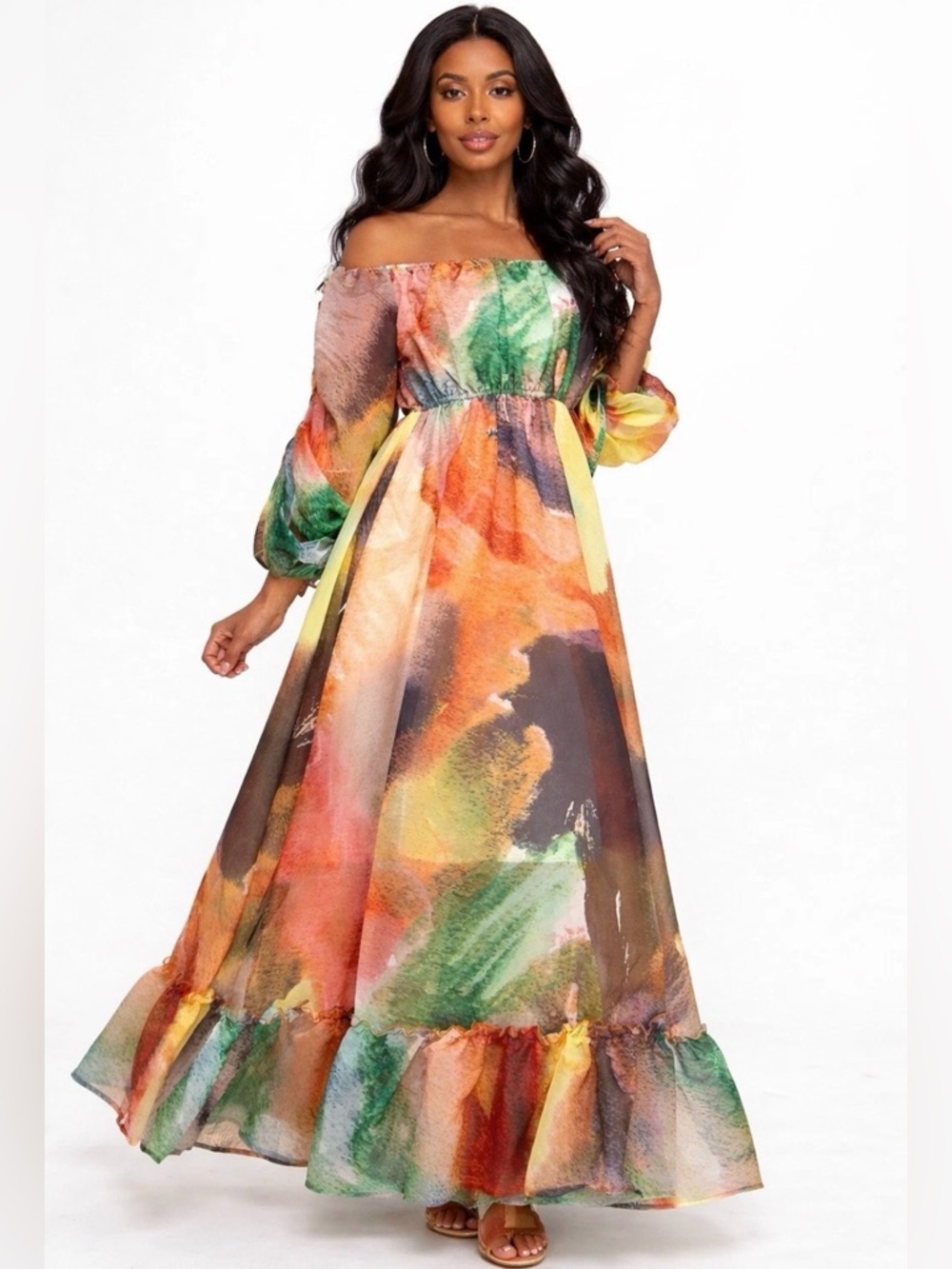 Off-Shoulder Multicolor Watercolor Maxi Dress